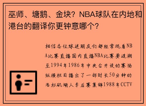 巫师、塘鹅、金块？NBA球队在内地和港台的翻译你更钟意哪个？